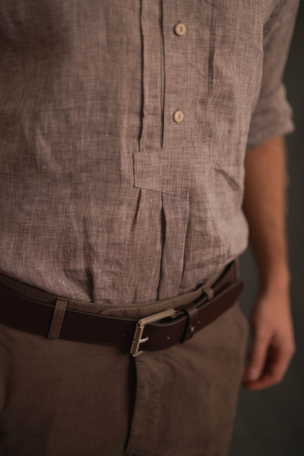 Stehkragenhemd LUIS hellbraun/beige Leinen