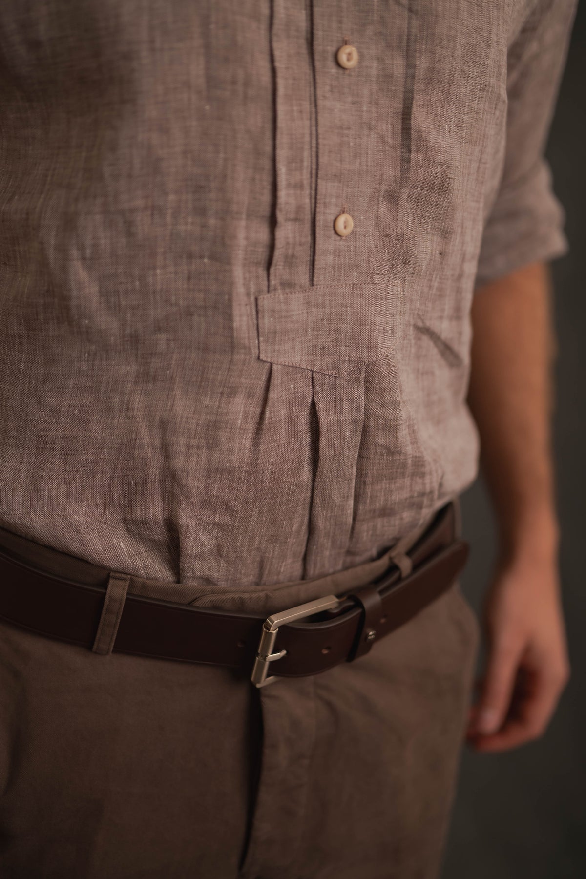 Stehkragenhemd LUIS hellbraun/beige Leinen